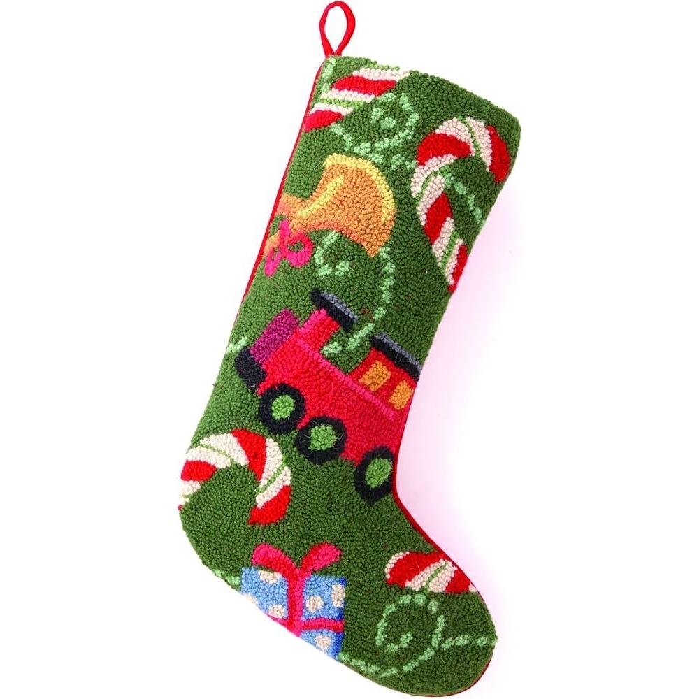 Peking Handicraft Wool Hooked Christmas Stocking Green Red Train Candy Cane NEW